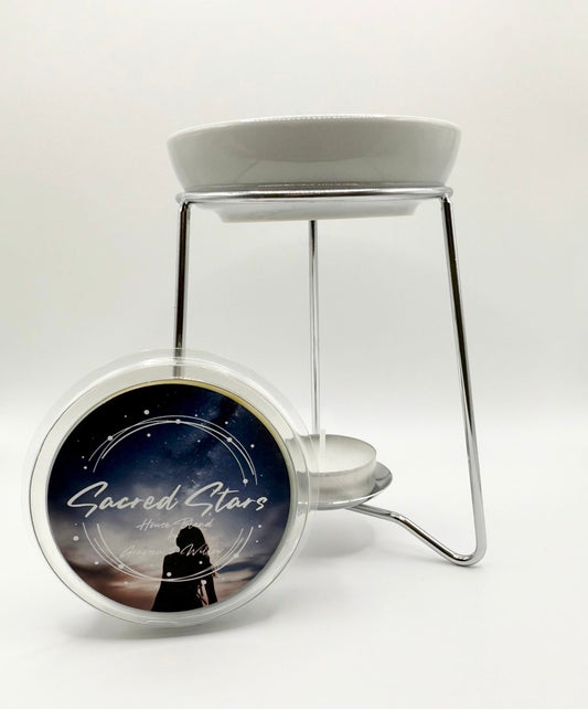White Ceramic Dish Warmer On Silver Stand