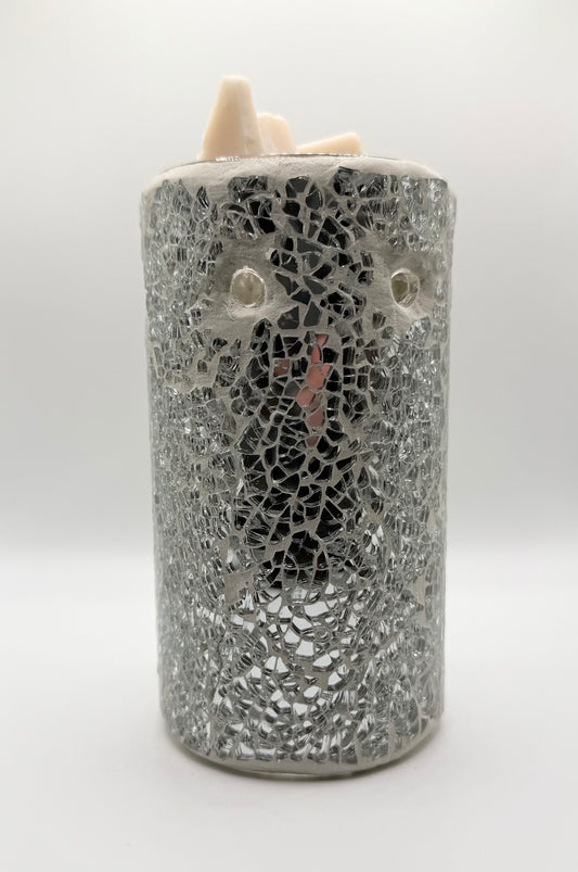 Silver Crackle Glass Pillar Tealight Warmer